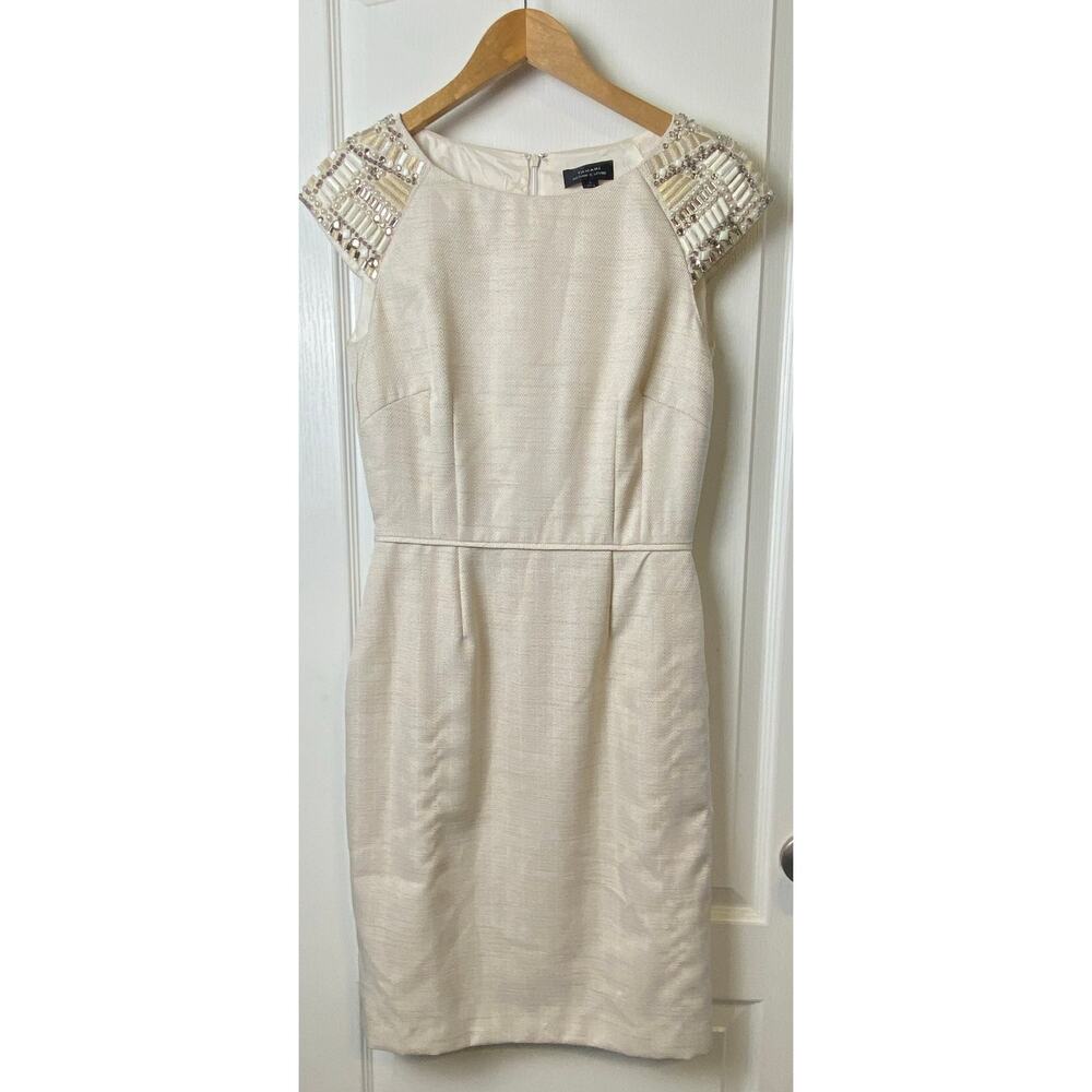 Tahari Arthur Levine Cream Beaded Cap Sleeve Knee Length Dress Women's Size 6